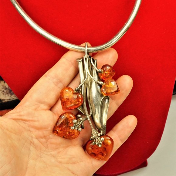 MASSIVE AMBER STERLING PENDANT & BROOCH WITH OMEGA WIRE NECKLACE, RARE JEWELRY - Picture 8 of 16